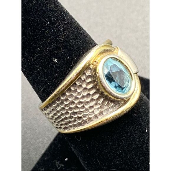Sterling silver 925 wrap around buckle folder ring oval topaz textured with gold - Picture 3 of 13